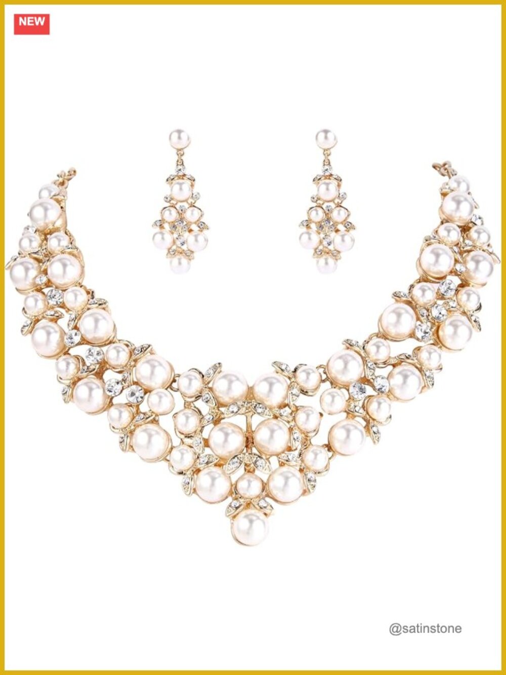 Wedding Bridal Crystal Simulated Pearl Statement Necklace Dangle Earrings Set